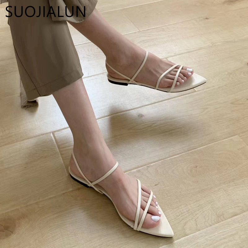 SUOJIALUN Fashion Narrow Band Women Sandals Flat Heel Back Strap Summer Gladiator Shoes Casual Pointed Toe Sandal Big Size 42