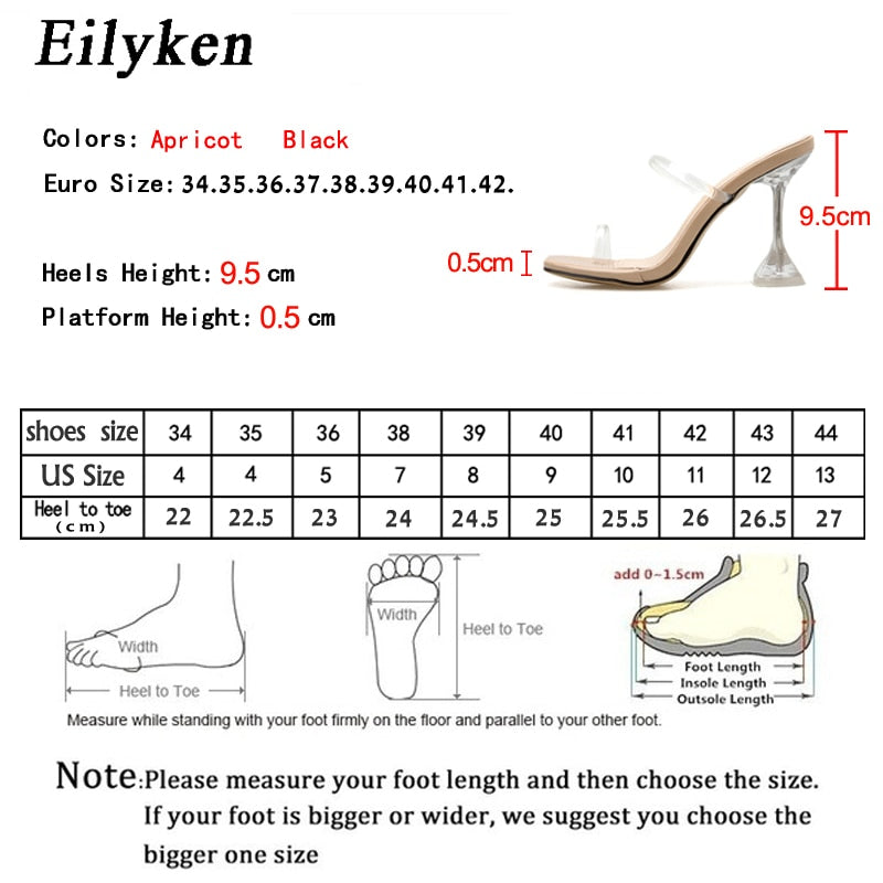 Eilyken Plus size 35-42 PVC Transparent Band Square Open toe Slippers New Clear Crystal Glass Heel Slides shoes Size 35-42