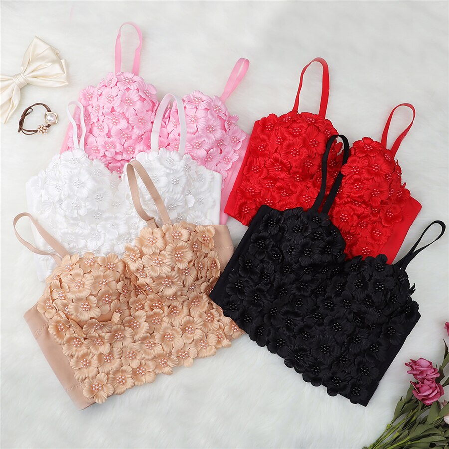 Flower Pearl Female Crop Top With Built In Bra Women Harajuku Backless Solid Party Club  Push Up Bralette Clothing