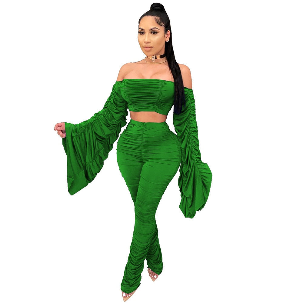 Sexy Two Piece Set Women Festival Clothing Ruched Flare Sleeve Crop Top and Stacked Pants Leggings Birthday Night Club Outfits