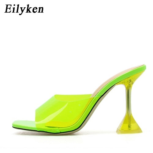 Eilyken Plus size 35-42 PVC Transparent Band Square Open toe Slippers New Clear Crystal Glass Heel Slides shoes Size 35-42