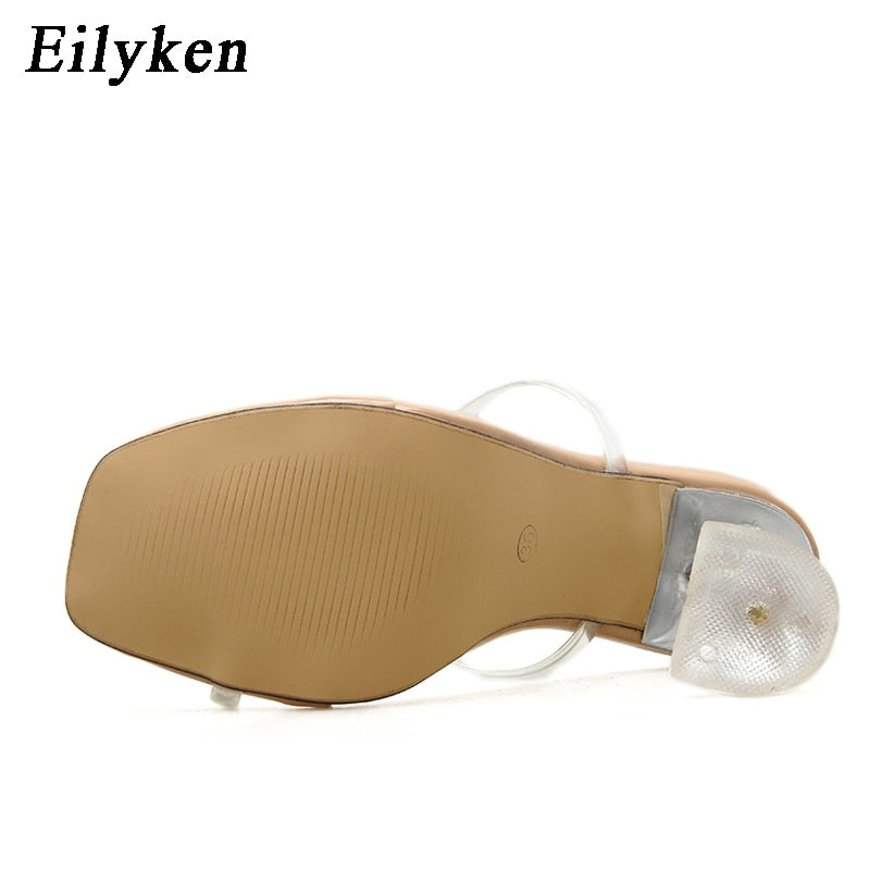 Eilyken Plus size 35-42 PVC Transparent Band Square Open toe Slippers New Clear Crystal Glass Heel Slides shoes Size 35-42