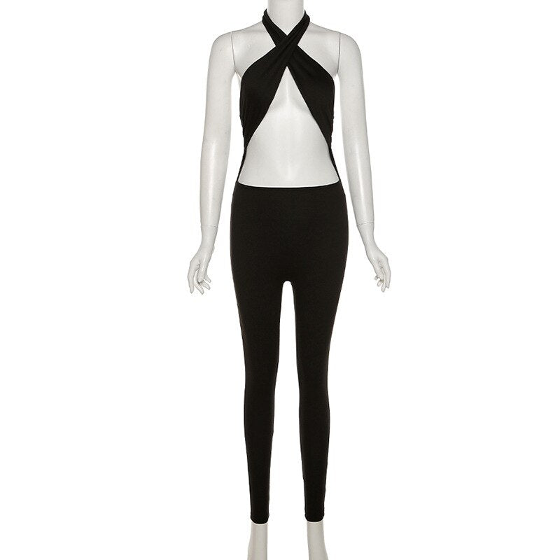 Simenual Criss Cross Halter Rompers Womens Jumpsuit Sportswear Cut Out Streetwear Bodycon Skinny Jumpsuits One Piece Summer 2021
