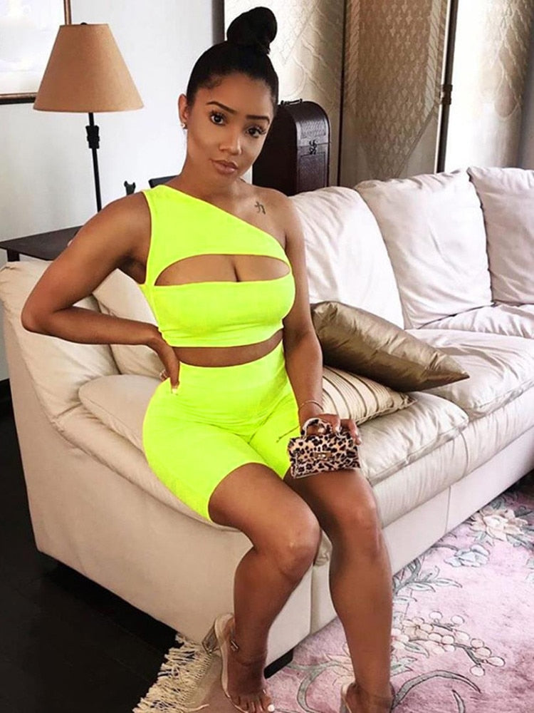 Kliou classic women neon color two pieces set off shoulder hollow out crop top elastic high waist shorts outfit tracksuit summer