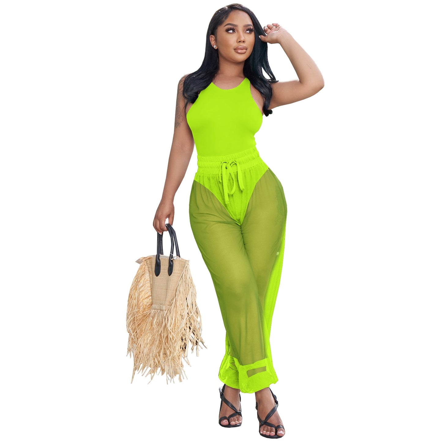 2022 Casaul Women Tracksuit Two Piece Set Bodysuit + Sheer Mesh Pants Swimsuit Summer Beach Clothes For Women Outfit