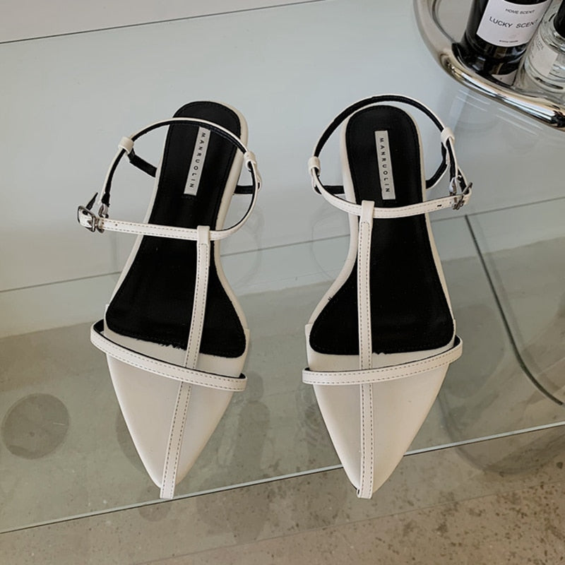 SUOJIALUN Fashion Narrow Band Women Sandals Flat Heel Back Strap Summer Gladiator Shoes Casual Pointed Toe Sandal Big Size 42