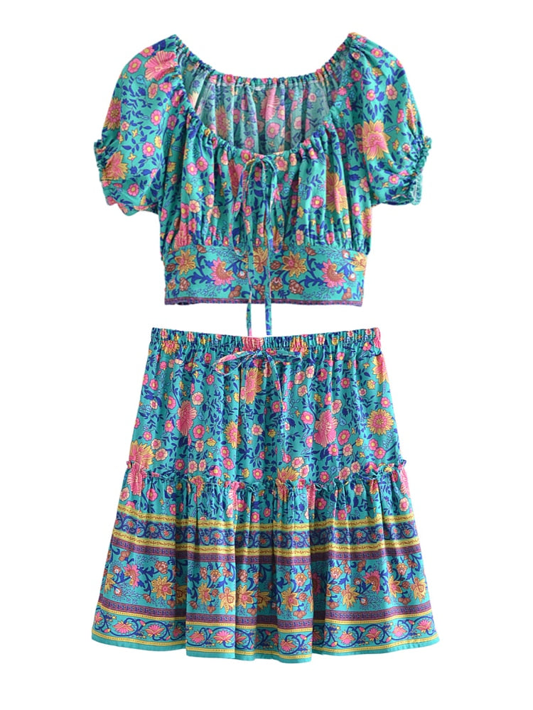 2 Piece Boho Drawstring Mini Skirt Set