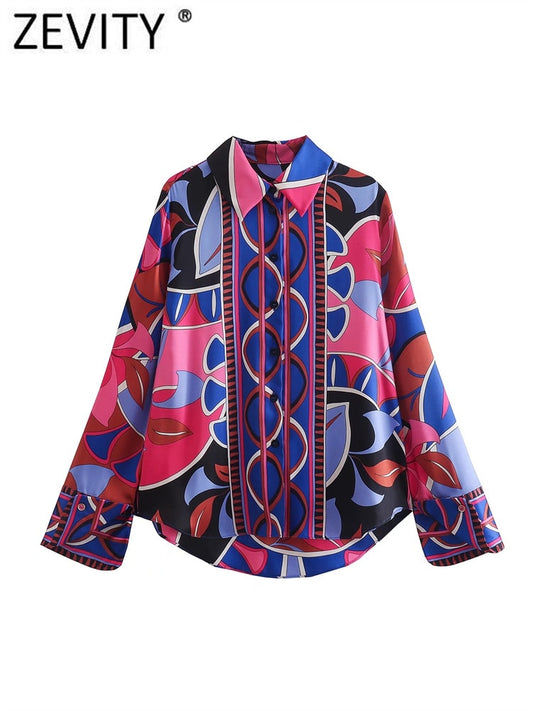 Zevity Women Vintage Contrast Color Geometric Print Smock Blouse Office Lady Business Shirts Chic Retro Blusas Tops LS424