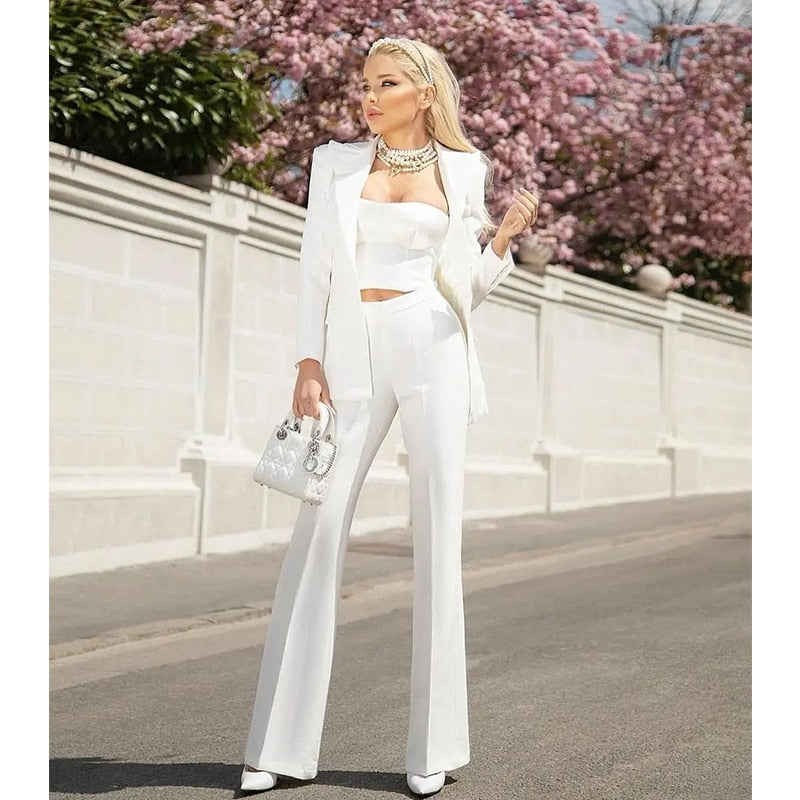 Blazer Pantsuits Two Piece Set Office Ladies Women Yellow Purple Business Single Buttons Flared Pants Blazer + Pants Formal Suit