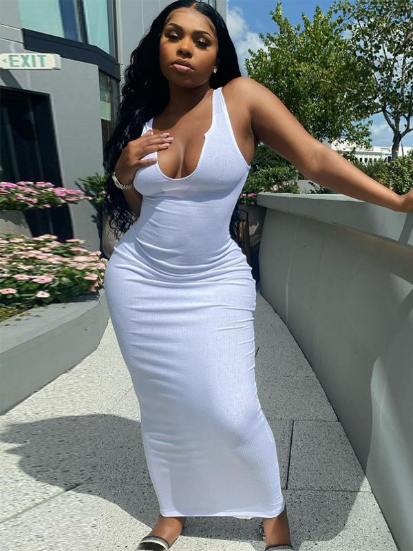 Dulzura Ribbed Knitted Stripe Women Pure Sleeveless Midi Dress V Neck Bodycon Sexy Streetwear Party Club Elegant 2021 Summer