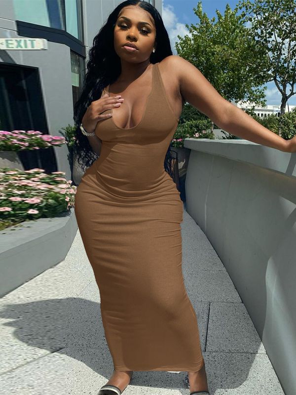 Dulzura Ribbed Knitted Stripe Women Pure Sleeveless Midi Dress V Neck Bodycon Sexy Streetwear Party Club Elegant 2021 Summer