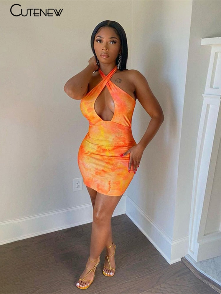 Cutenew Casual Sleeveless Halter Mini Dress For Women Summer Fashion Club Street Slim Print Orange Party Vacation Female Dresses