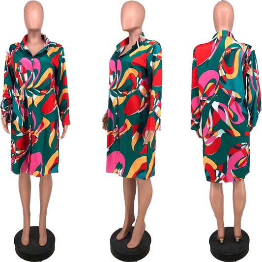 Oversized Shirt Dress Women Autumn Tie Dye Print Long Sleeve Button Up Shirt Dress 2022 Streetwear Casual Loose Midi Dress Robe