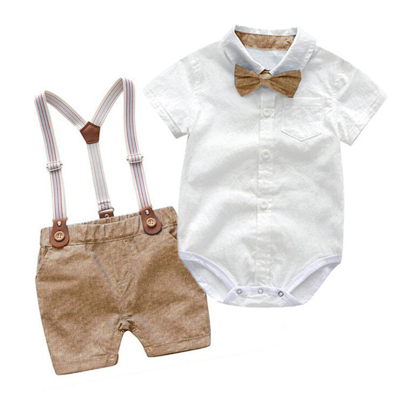 Baby Boy Clothes Summer Gentleman Birthday Suits Newborn Party Dress Soft Cotton Solid Rmper + Belt Pants Infant Toddler Set
