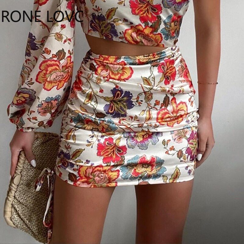 Women Chic One Shoulder Long Puff Sleeves Crop Top Floral Print Party Bodycon Mini Skirt Set