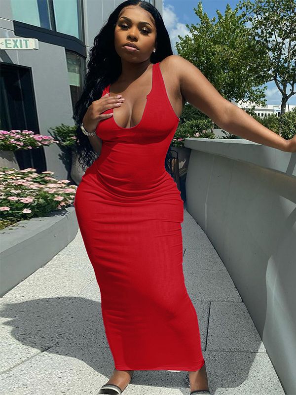 Dulzura Ribbed Knitted Stripe Women Pure Sleeveless Midi Dress V Neck Bodycon Sexy Streetwear Party Club Elegant 2021 Summer