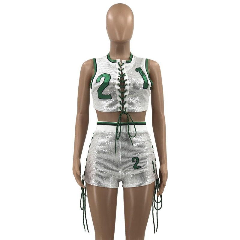 Casual Women Print Tracksuit Two Piece Set Print Letter Bandage Hollow Out Shirt + Pants Sportsuit Clothes For Women Outfit