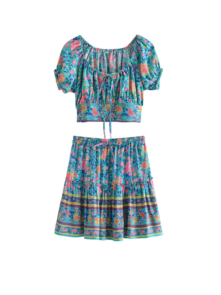 2 Piece Boho Drawstring Mini Skirt Set