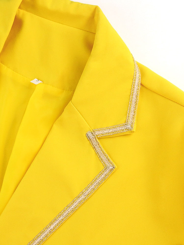 Elegant Pant Suits Women Jacket with Sequins Stretch Yellow Coat Trousers Set Spring Fall Clothes 2 Piece Business Suits Ladies