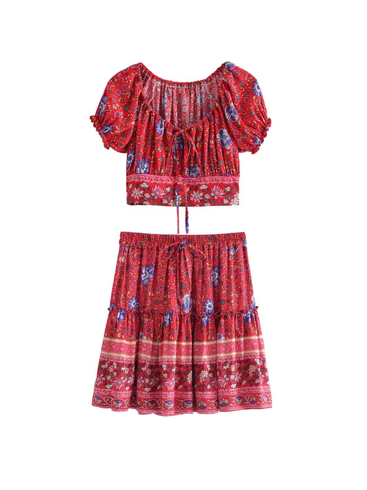 2 Piece Boho Drawstring Mini Skirt Set