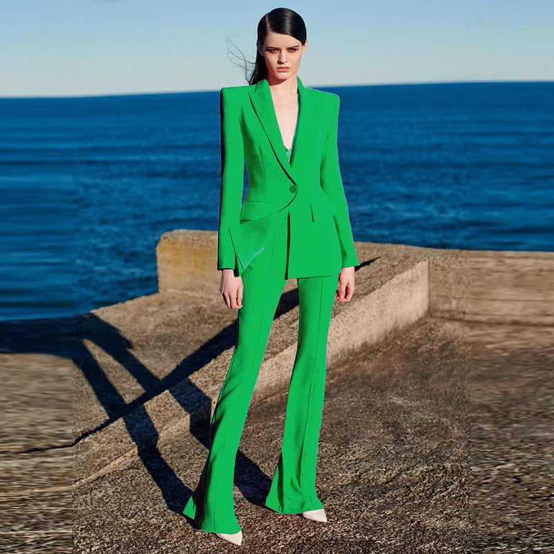 Blazer Pantsuits Two Piece Set Office Ladies Women Yellow Purple Business Single Buttons Flared Pants Blazer + Pants Formal Suit