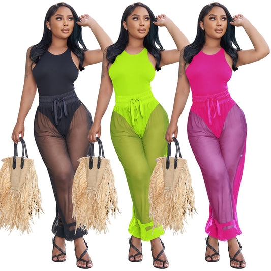 2022 Casaul Women Tracksuit Two Piece Set Bodysuit + Sheer Mesh Pants Swimsuit Summer Beach Clothes For Women Outfit