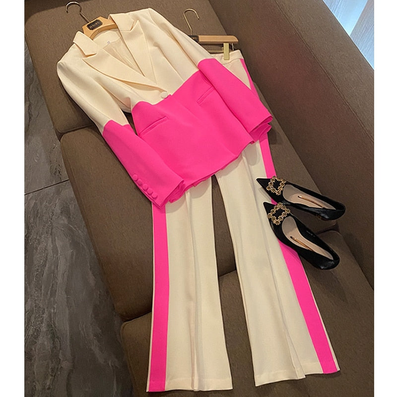 Blazer Pantsuits Two Piece Set Office Ladies Women Yellow Purple Business Single Buttons Flared Pants Blazer + Pants Formal Suit