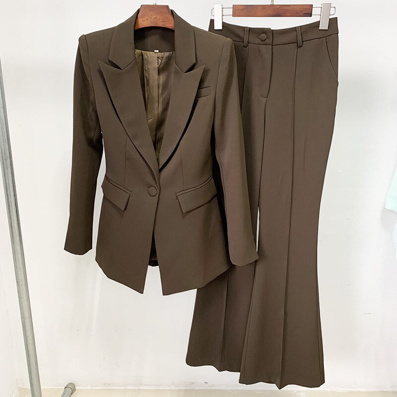 Blazer Pantsuits Two Piece Set Office Ladies Women Yellow Purple Business Single Buttons Flared Pants Blazer + Pants Formal Suit