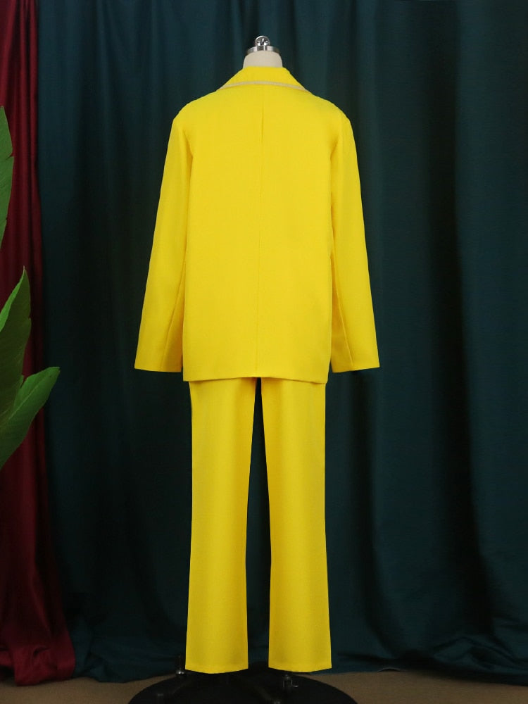 Elegant Pant Suits Women Jacket with Sequins Stretch Yellow Coat Trousers Set Spring Fall Clothes 2 Piece Business Suits Ladies