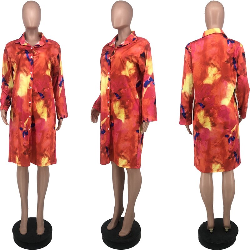 Oversized Shirt Dress Women Autumn Tie Dye Print Long Sleeve Button Up Shirt Dress 2022 Streetwear Casual Loose Midi Dress Robe