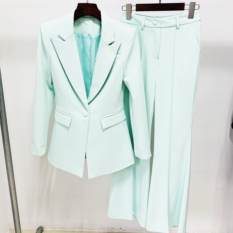 Blazer Pantsuits Two Piece Set Office Ladies Women Yellow Purple Business Single Buttons Flared Pants Blazer + Pants Formal Suit