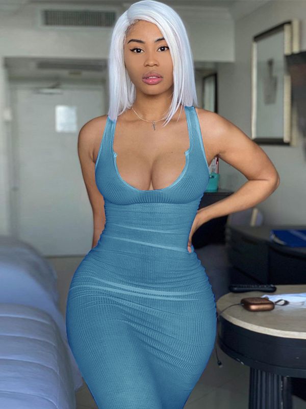 Dulzura Ribbed Knitted Stripe Women Pure Sleeveless Midi Dress V Neck Bodycon Sexy Streetwear Party Club Elegant 2021 Summer