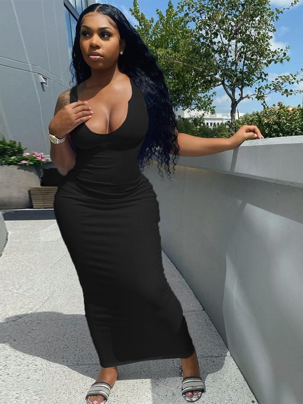 Dulzura Ribbed Knitted Stripe Women Pure Sleeveless Midi Dress V Neck Bodycon Sexy Streetwear Party Club Elegant 2021 Summer