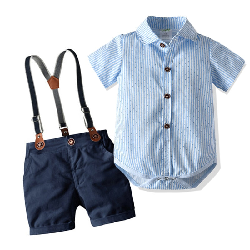Baby Boy Clothes Summer Gentleman Birthday Suits Newborn Party Dress Soft Cotton Solid Rmper + Belt Pants Infant Toddler Set