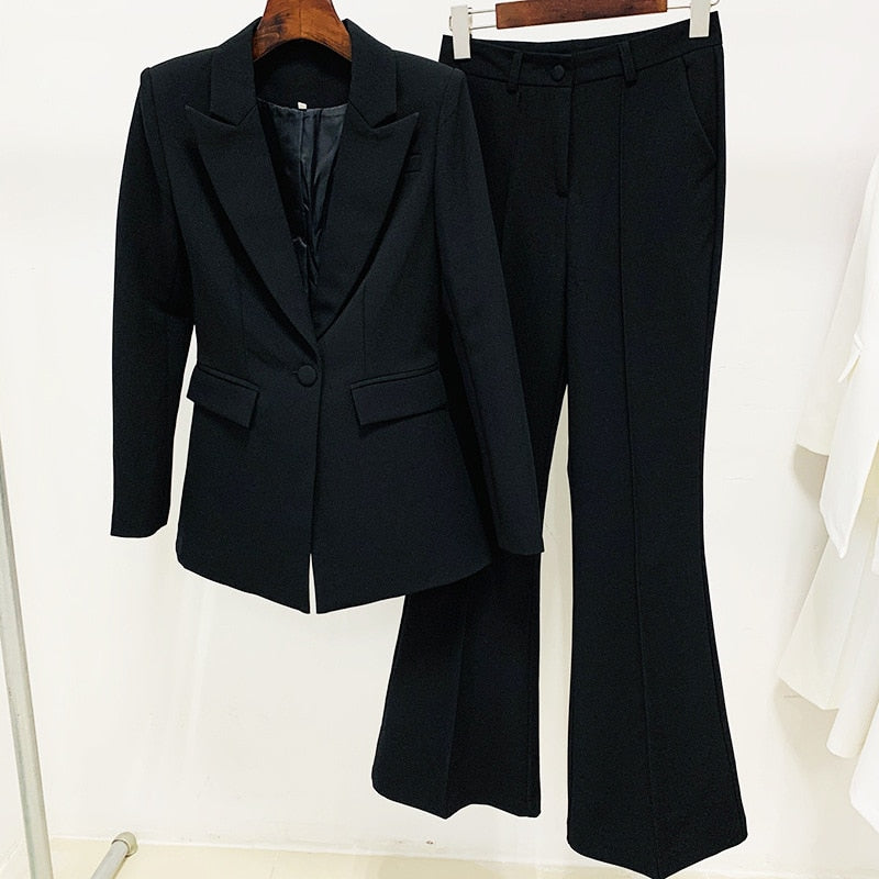 Blazer Pantsuits Two Piece Set Office Ladies Women Yellow Purple Business Single Buttons Flared Pants Blazer + Pants Formal Suit