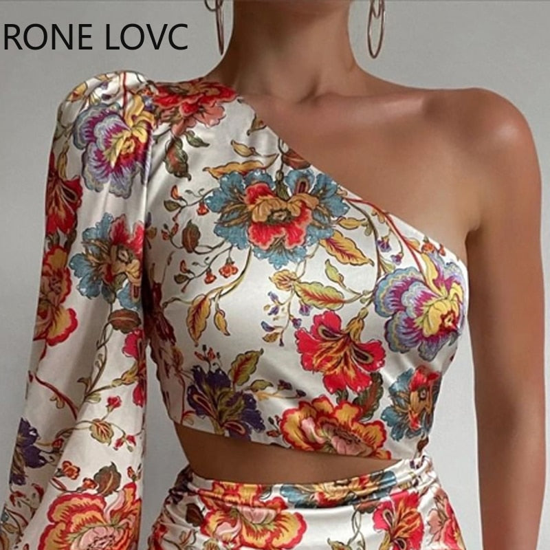 Women Chic One Shoulder Long Puff Sleeves Crop Top Floral Print Party Bodycon Mini Skirt Set