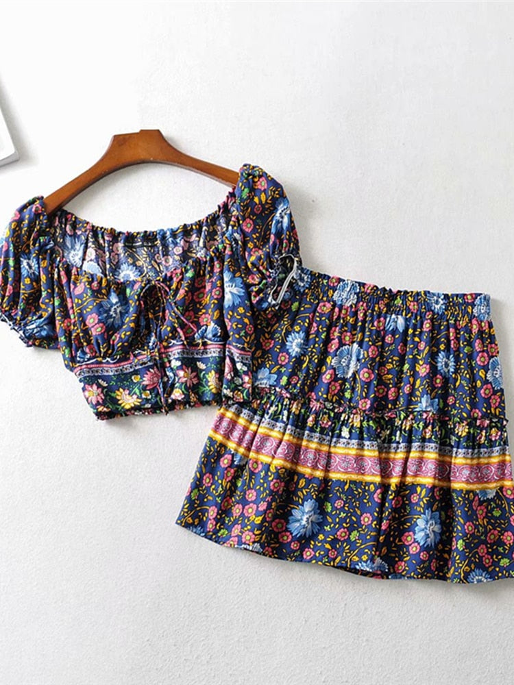 2 Piece Boho Drawstring Mini Skirt Set