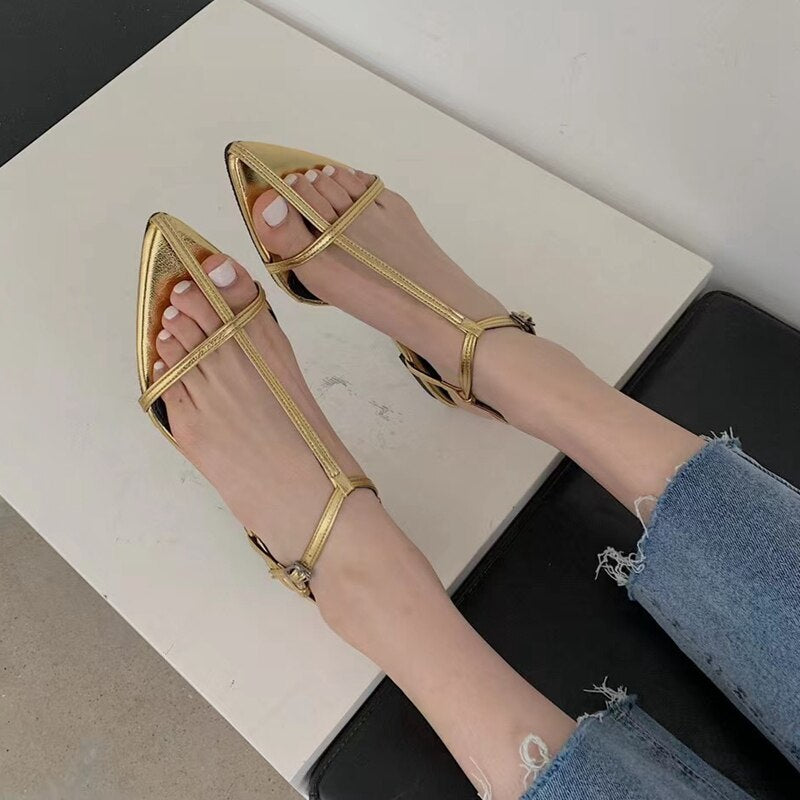 SUOJIALUN Fashion Narrow Band Women Sandals Flat Heel Back Strap Summer Gladiator Shoes Casual Pointed Toe Sandal Big Size 42