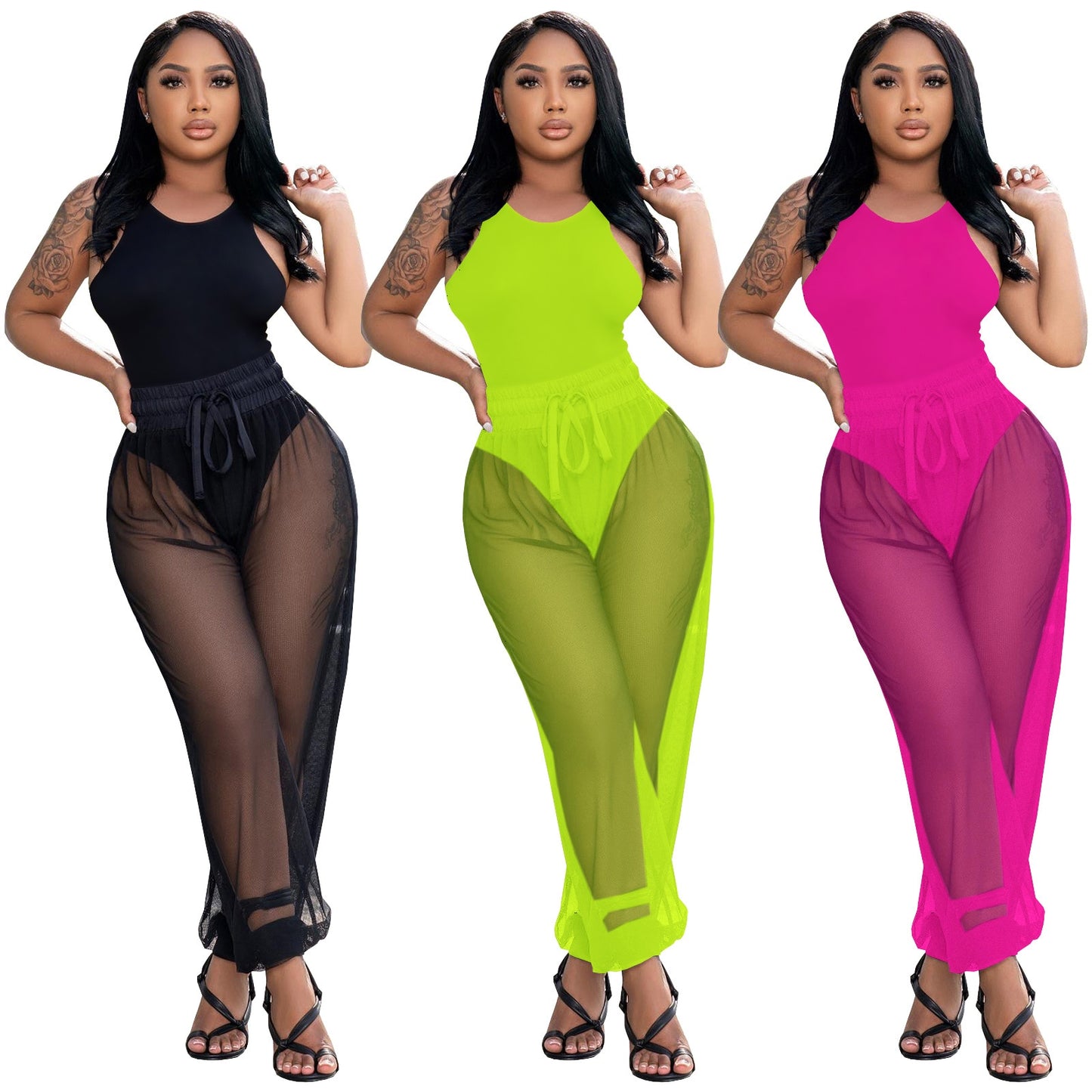 2022 Casaul Women Tracksuit Two Piece Set Bodysuit + Sheer Mesh Pants Swimsuit Summer Beach Clothes For Women Outfit