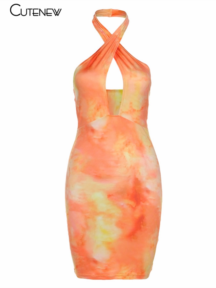 Cutenew Casual Sleeveless Halter Mini Dress For Women Summer Fashion Club Street Slim Print Orange Party Vacation Female Dresses